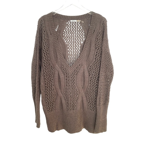 Urban Outfitters Kimchi Blue Brown Cable Knit Sweater Deep V Neck Ribbed Hem M - Picture 5 of 14